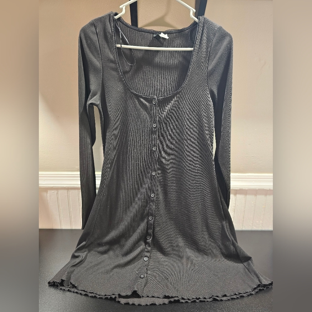 Lace Trimmed Ribbed Button Dress Medium